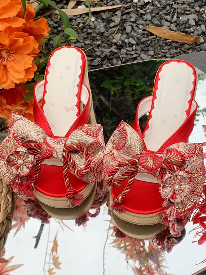 Red 8cm Heel Clogs with Floral Details - Aimee