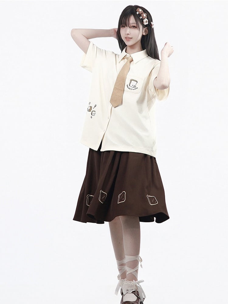 Creamy White Waffle Knit Short Sleeve Shirt with Toast Embroidery - PINK SAVIOR