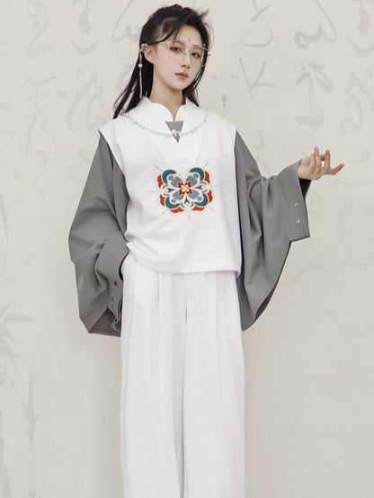 Unisex Floral White Detachable in Chain Tassel Chinese Style Vest V-neck Stitchwork