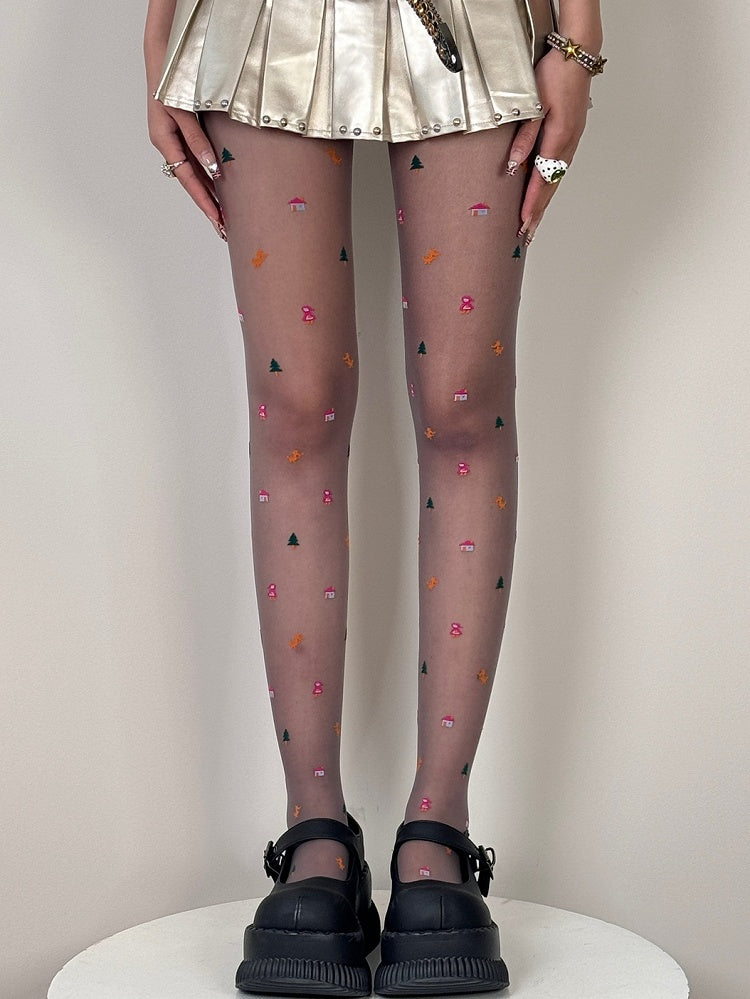 White/Purple/Gray Christmas Print Design Tights