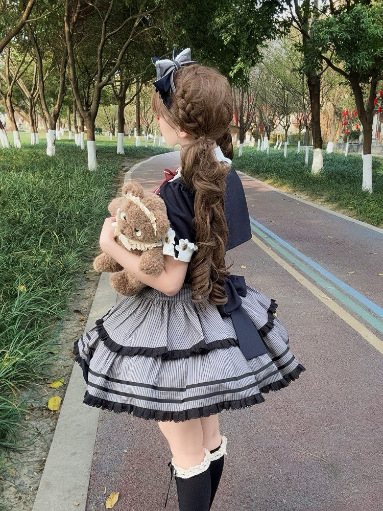Monochrome Preppy Striped Two-Piece Gown with Crown Embroidery - Fairy Faith