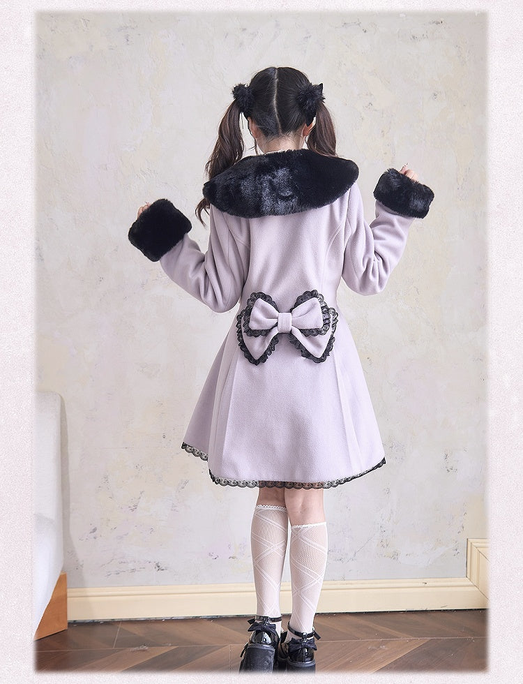 and Lavender Purple Coat Jirai Kei Plush Cuffs Rhinestones Lace Trim Collar Bowknots