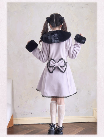 and Lavender Purple Coat Jirai Kei Plush Cuffs Rhinestones Lace Trim Collar Bowknots