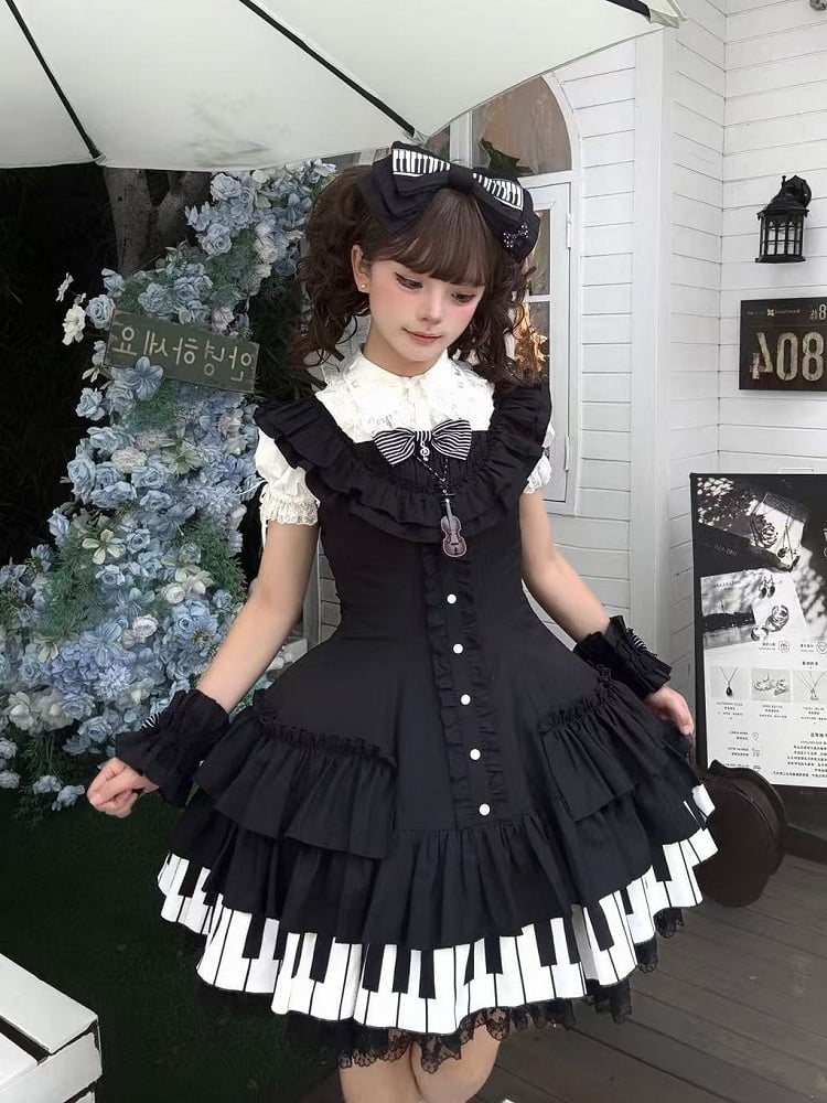 Piano Motif JSK Dress in Black and White with Bow Accents and Ruffled Trim - Wuyu Love Letter