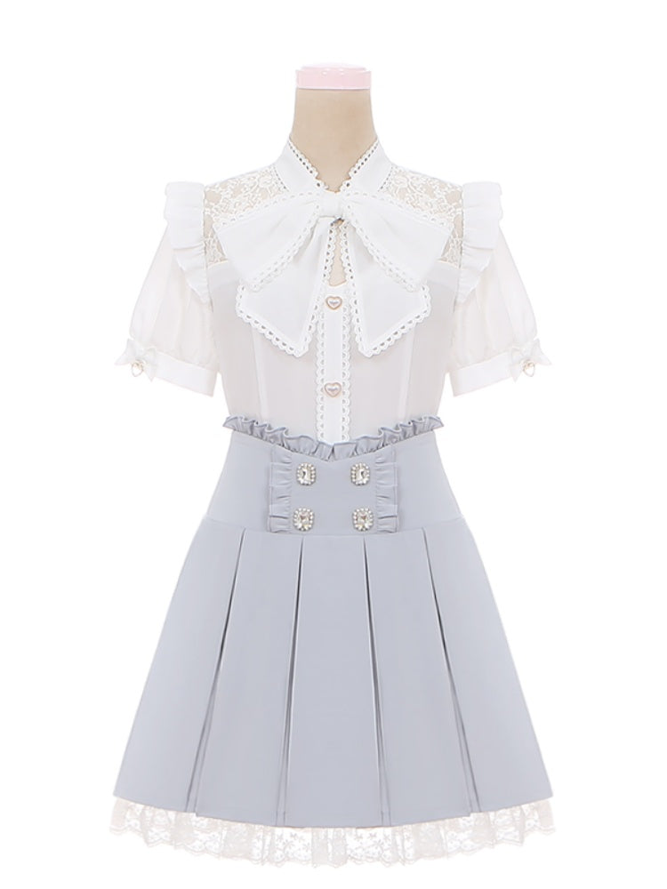 リボンタイ ホワイトレース コントラスト Kei Jirai ハートボタン パッチ付きブラウス