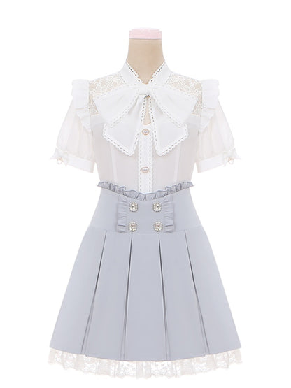 リボンタイ ホワイトレース コントラスト Kei Jirai ハートボタン パッチ付きブラウス