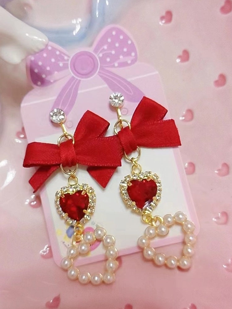 Kei Jirai Earrings Heart Rhinestone Bowknot