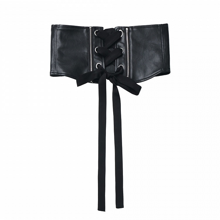 Corset Zipper Belt with and PU Crisscross Detail Lace-Up Black