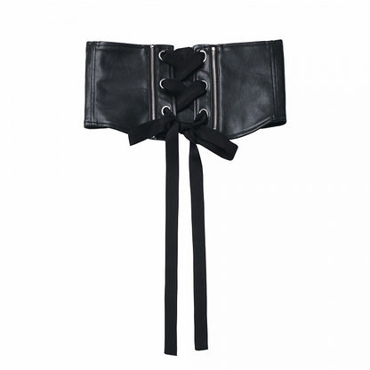Corset Zipper Belt with and PU Crisscross Detail Lace-Up Black