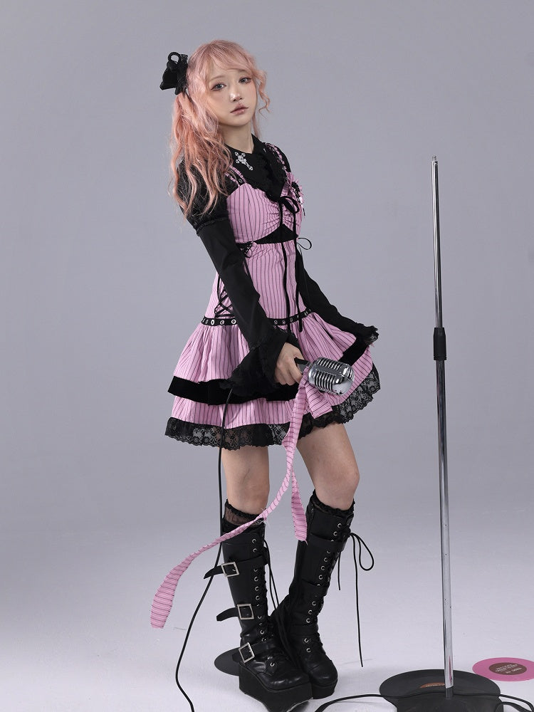 Pink Stripes & Black Hime Gyaru Tiered Dress with Lace-Up Sides