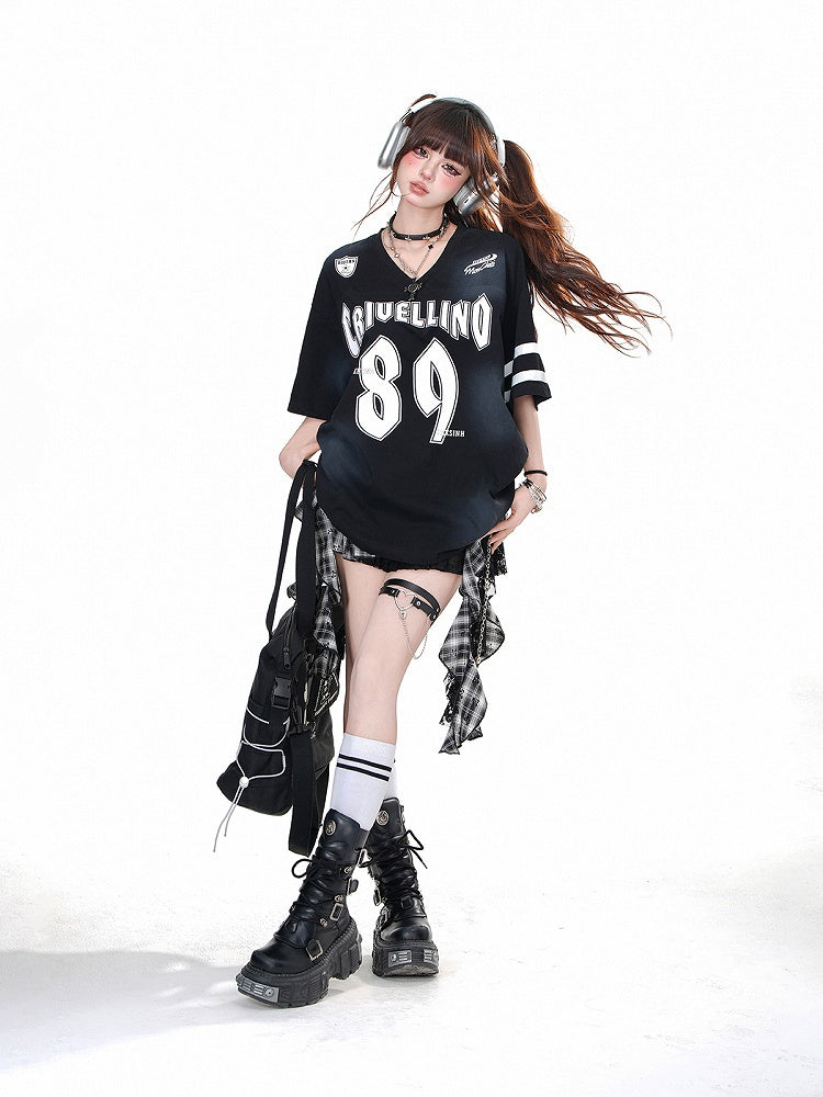 Black V-neck Number Print Loose T-shirt