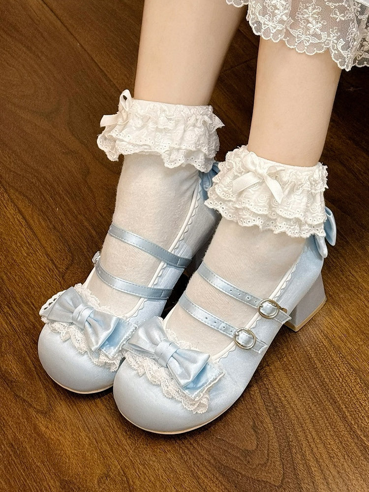 Toe Blue Shoes Sweet with Lolita - Ruffle Round Lace Mid-heel