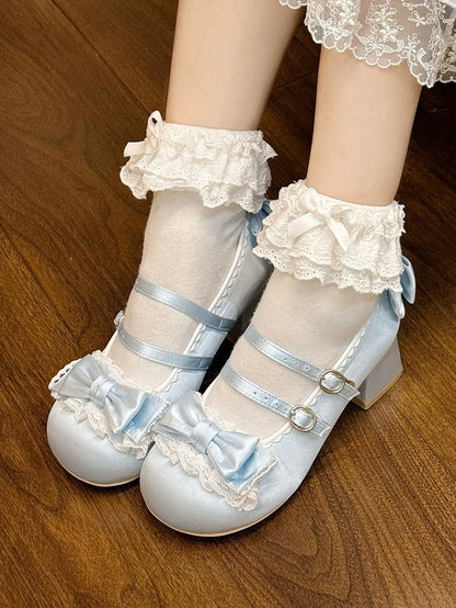 Toe Blue Shoes Sweet with Lolita - Ruffle Round Lace Mid-heel