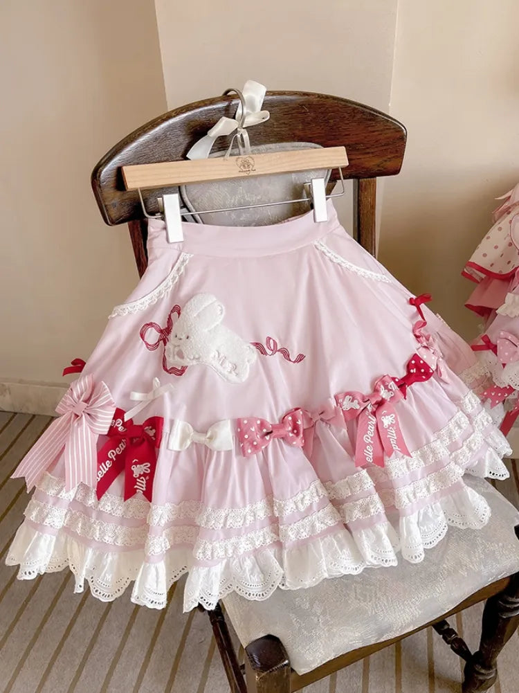 スカート ピンク 刺繍 ショルダーパッチ 取り外し可能 ロリータ スイートストラップ付き バニー