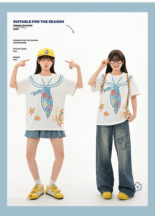 White Round Neck Sailor Collar Print Loose Cute T-Shirt