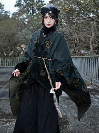 with Goth Design Open Leaf Green - Dark Cheongsam Style Print Placket Shawl