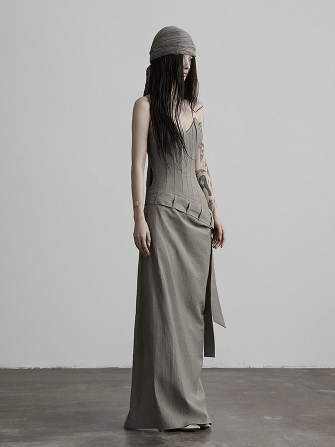 Gray Boned Strapless Long Dress with Belt - INDULGE