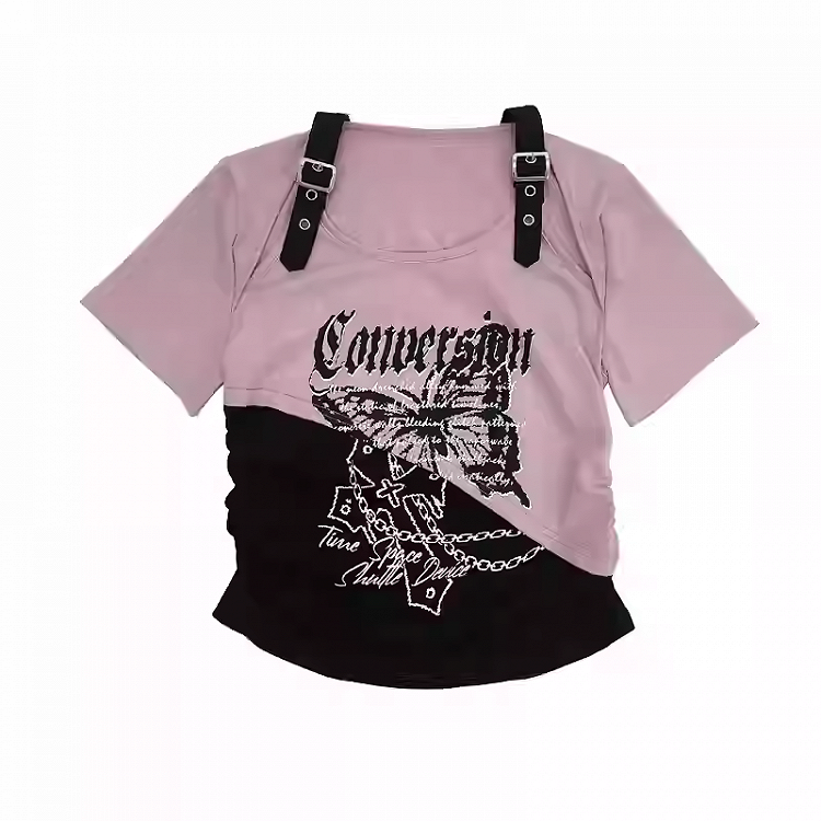 バタフライプリントTシャツ ショートカラーブロック カットアウトショルダーバージョン レッド/ピンク/パープル Y2K