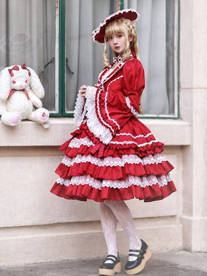 Wunderschönes Lolita-Kleid mit gestuftem Rüschenrock, Puffärmeln und Glockenärmeln in Rot