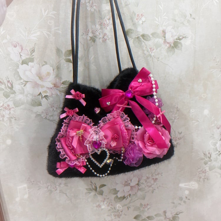 White-Pink Sweet Bag Hime Handmade Dark - Gyaru Lace Black-Pink with