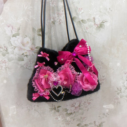 White-Pink Sweet Bag Hime Handmade Dark - Gyaru Lace Black-Pink with