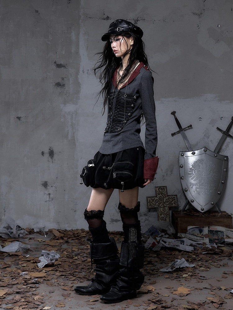 Black Knit with Suede Gray Vintage Punk Red Epaulets Knight Top Braid