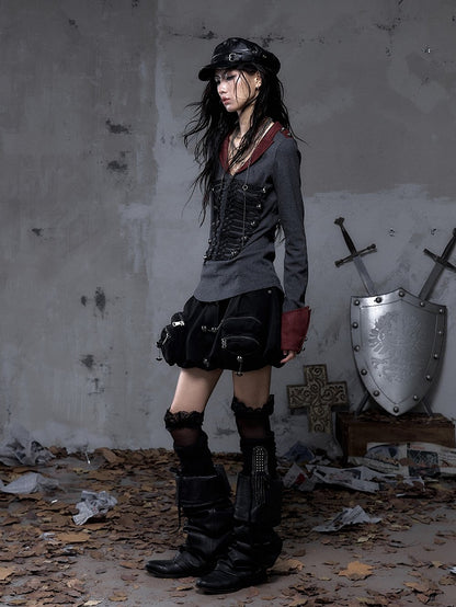 Black Knit with Suede Gray Vintage Punk Red Epaulets Knight Top Braid