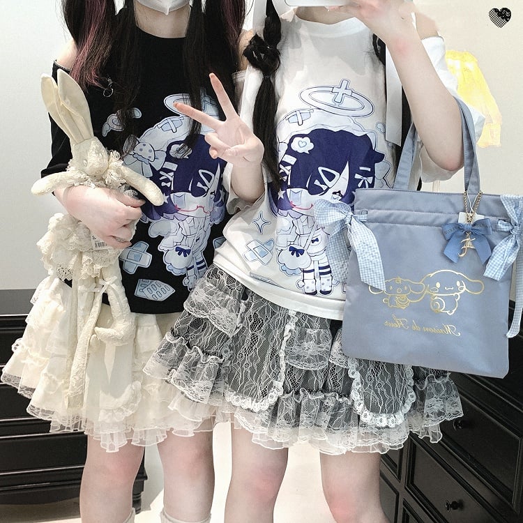 Jirai Kei Lace Double-Layered Bunny Ears Design Black/White/Pink