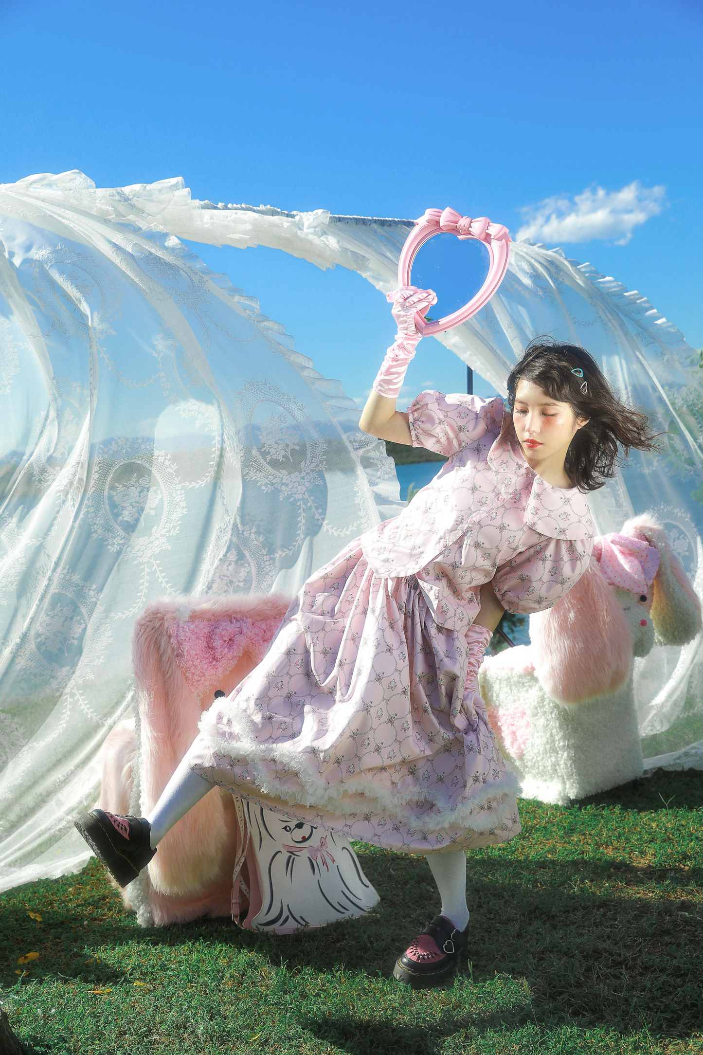 メッシュパールウェーブプリントピンクアニマルスカート