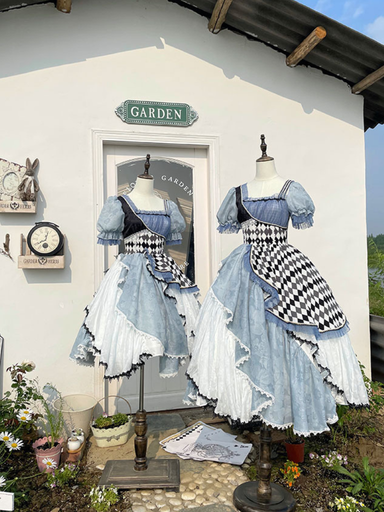 Blue Asymmetrical Design Checkerboard Lolita Dress Alice in Wonderland Vibes Long Version