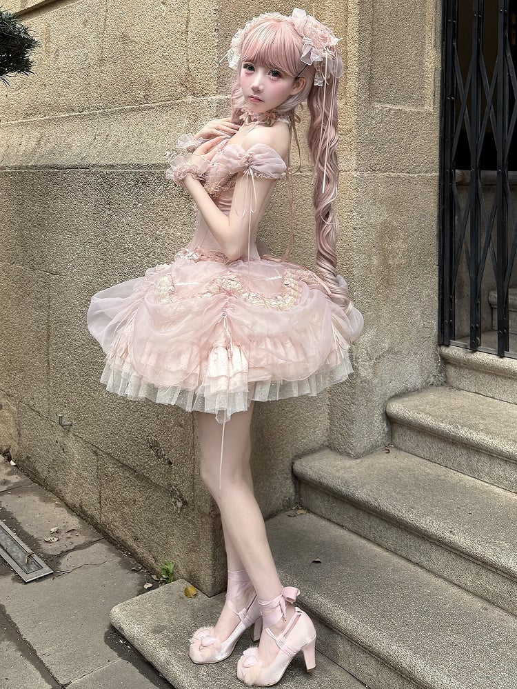 Ärmel Lagen-Outfit Top Korsett Balletcore Rüschen Rosa Stäbchen Puff Prinzessin Lolita + Rock BE006