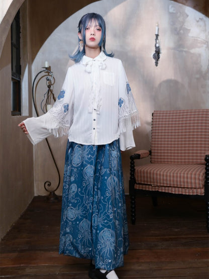 White Peter Pan Collar Bell-Sleeve Shirt with Jellyfish Print & Ribbons - Quirky Hut