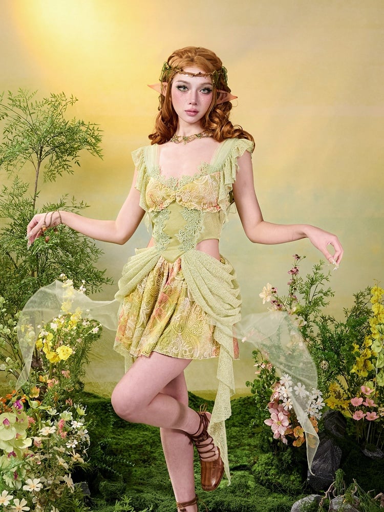 Green Fairycore Mori Lace A-Line Sleeveless Cut-out Dress - Virtual Orbit