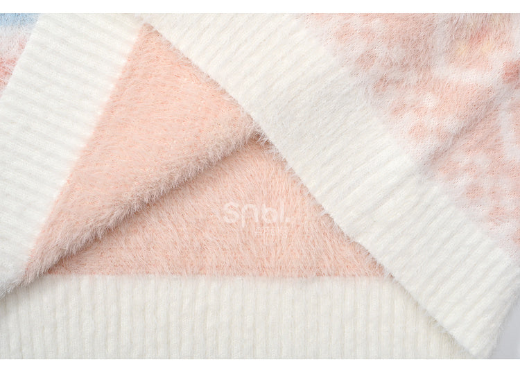 ピンクのかわいいウサギ柄ラウンドネックソフトセーター