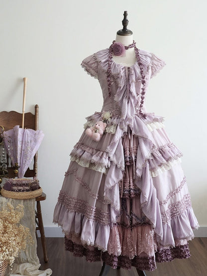 Placket Lolita Cascading Ruffle Front Light Straps Pink Self-tie Purple House Dress Style