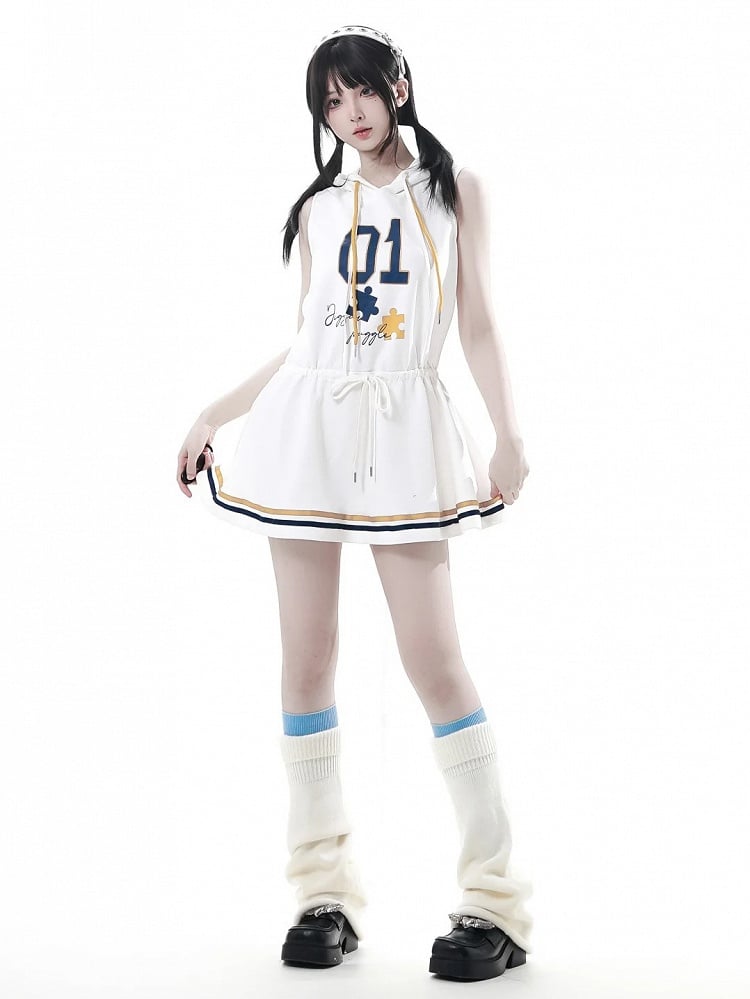 Dress with Yellow Drawstring Hem Hood，Blue Waist Striped Hoodie and Blokette Sleeveless White