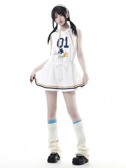 Dress with Yellow Drawstring Hem Hood，Blue Waist Striped Hoodie and Blokette Sleeveless White