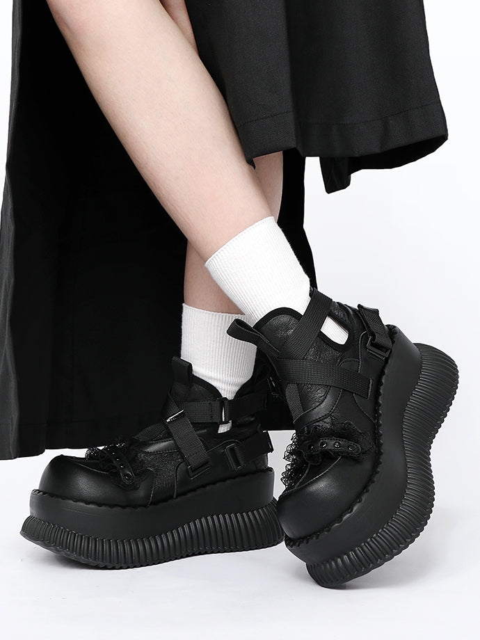 Shoes Stud Black Crisscross - Lace Platform Straps with Rock Details Punk Velcro Trim