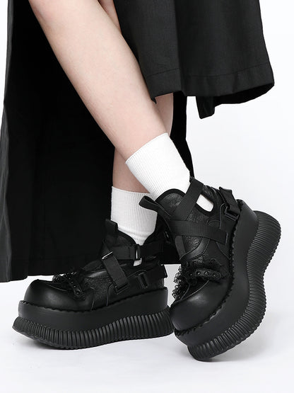 Shoes Stud Black Crisscross - Lace Platform Straps with Rock Details Punk Velcro Trim