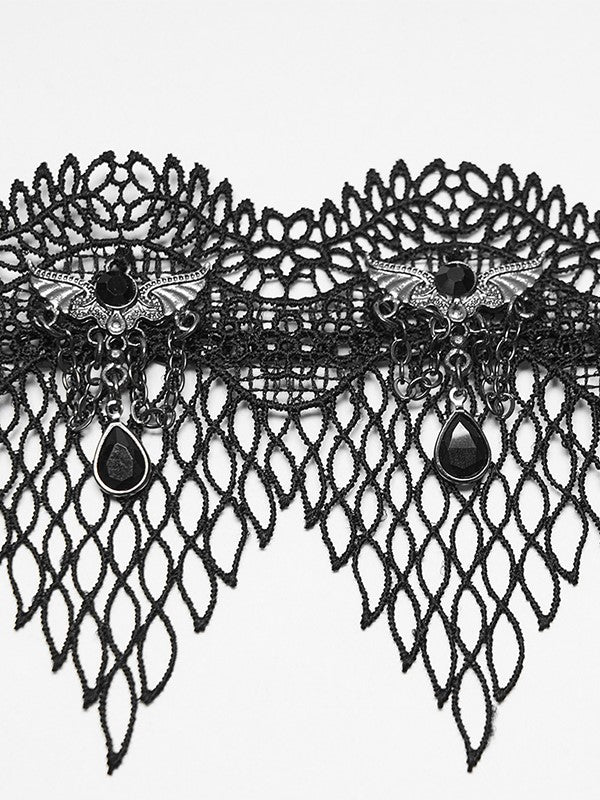 Dark Black Lace Choker with Bat Ornament - Punk Rave