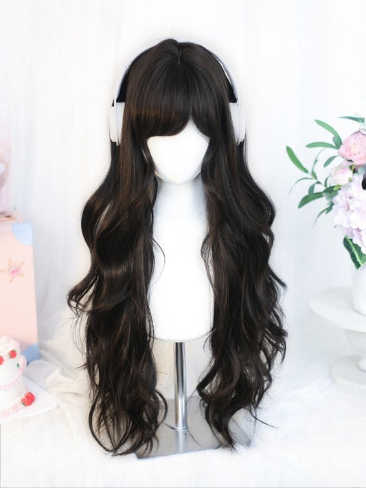 黒髪65～70cmの茶髪前髪、サイドスイープのウェーブウィッグ