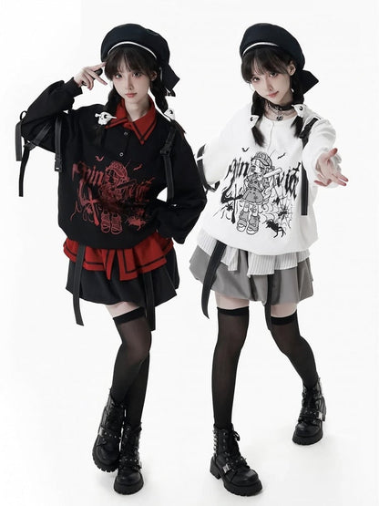 and Anime Graffiti Print Techwear-Style Straps with Girl Letter Snap Detachable Black/White Sweatshirt