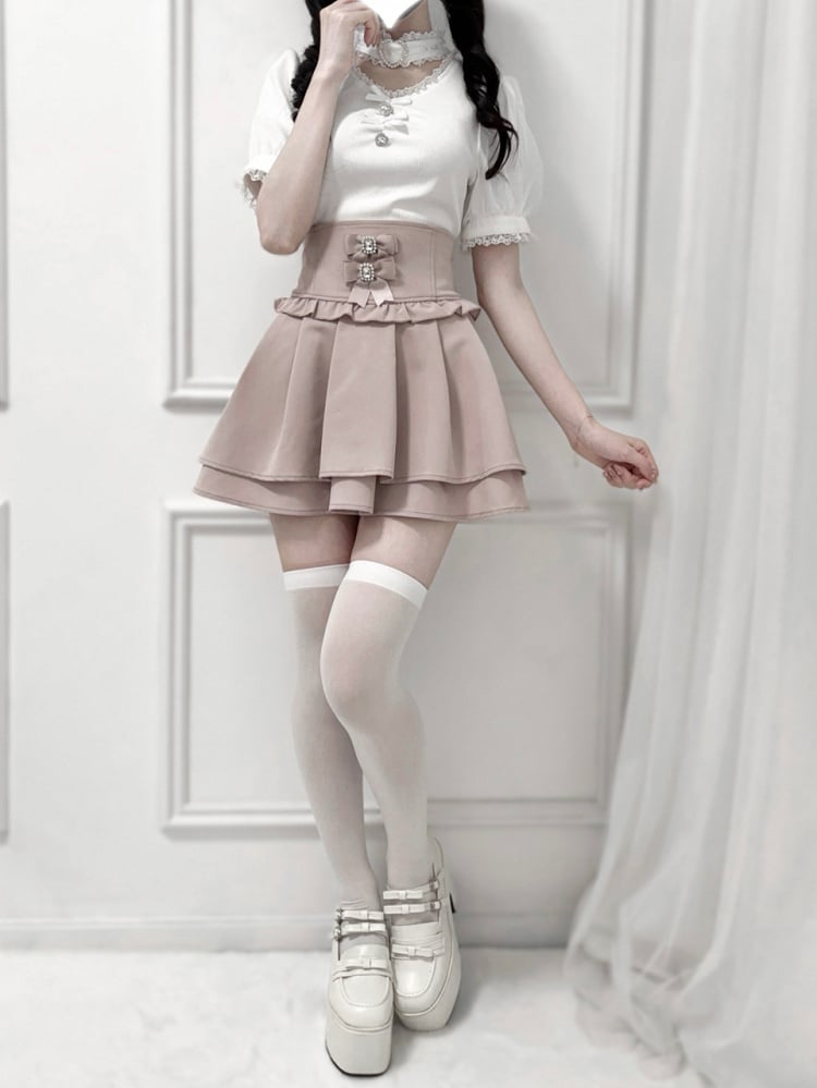 Jirai Kei Blouse Decoration Choker Design White Bowknot and Rhinestone