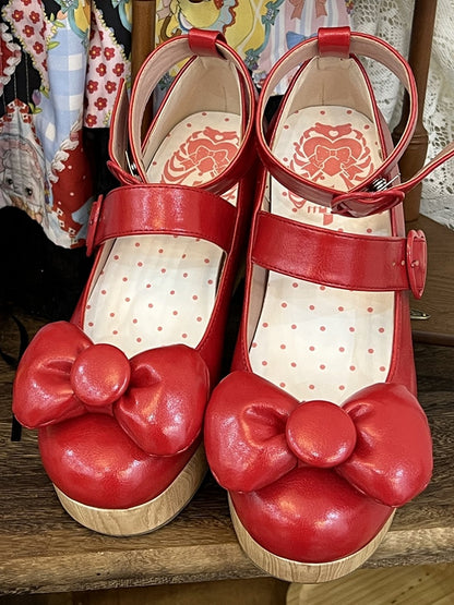 Heart - Top Bow Buckles at Red Platform PU Shoes