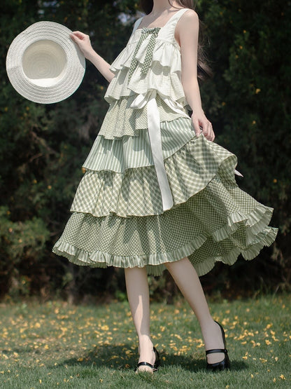 Rüschen gestuft mit Mori Kei Grün Patchwork Ärmelloses Kleid