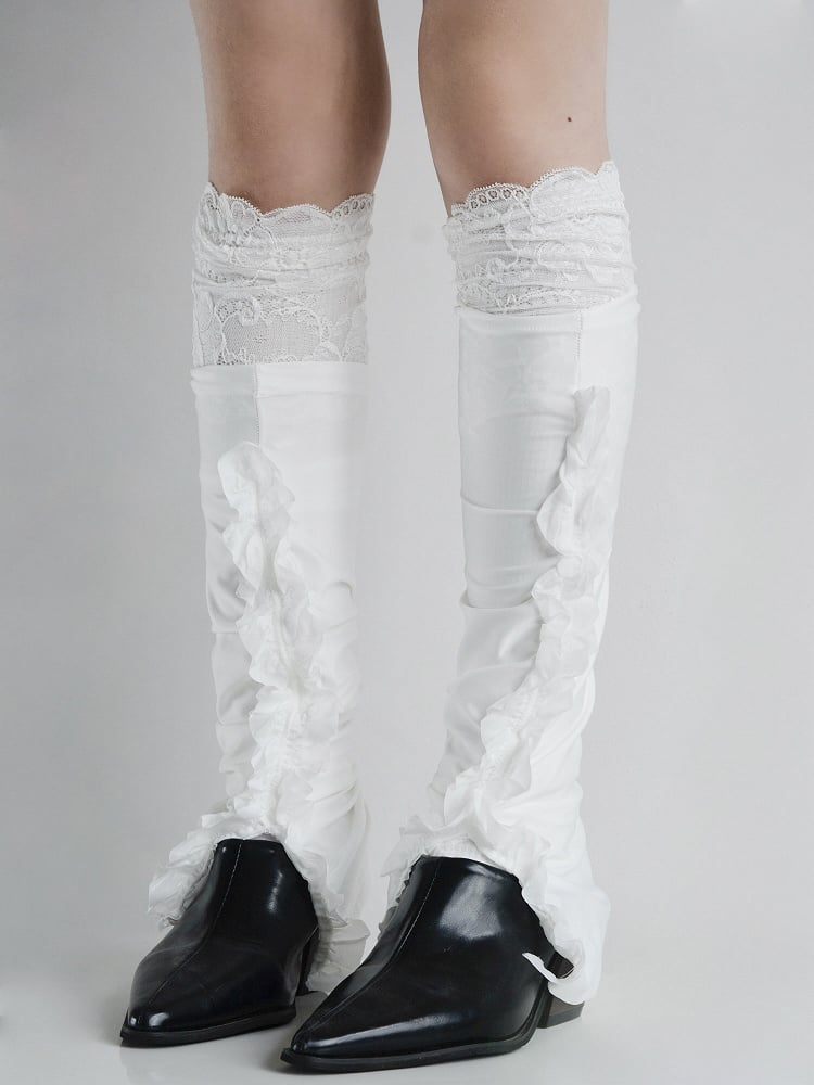 White Lace Cuffed Footed Leg Warmers + White Split Ruffle Leg Warmers Set