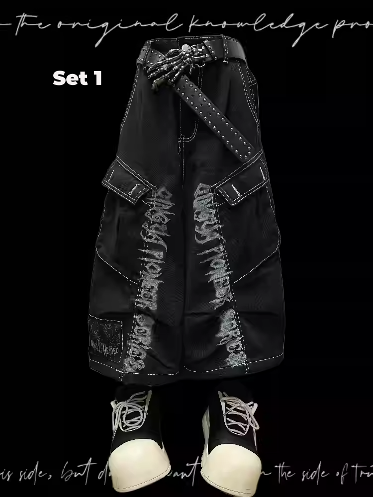 Jeans Schwarz Punk Print Vintage Weites Bein Cargo