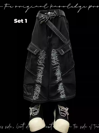 Jeans Schwarz Punk Print Vintage Weites Bein Cargo