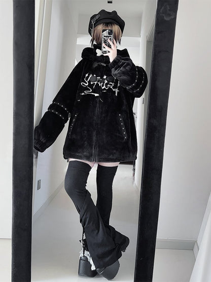 with Plush Puppy Hooded Kei Jirai Straps Button Black Design Toggle Ear Jacket Decorations