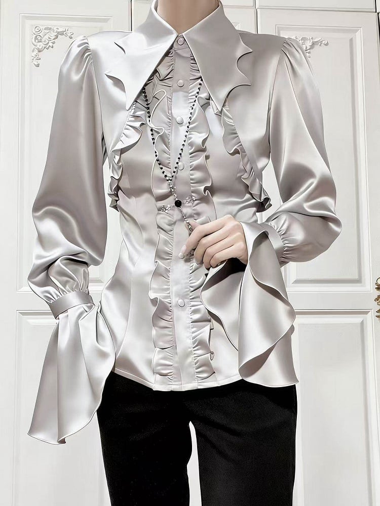 Details Satin Shirt Collar Ruffle with Gray Lolita Gothic Bat-Wing Light